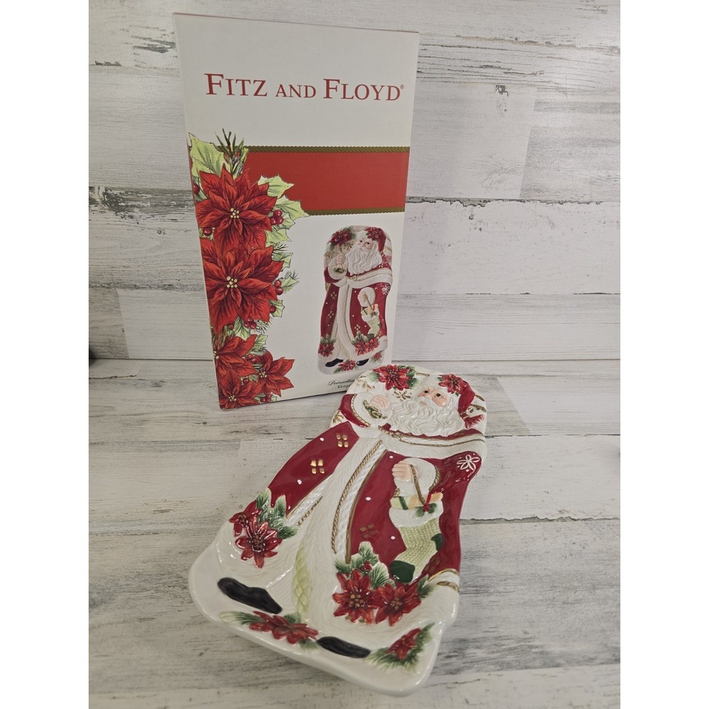 Fitz and Floyd Poinsettia Santa Elongated Tray Christmas Serving Platter 49-355